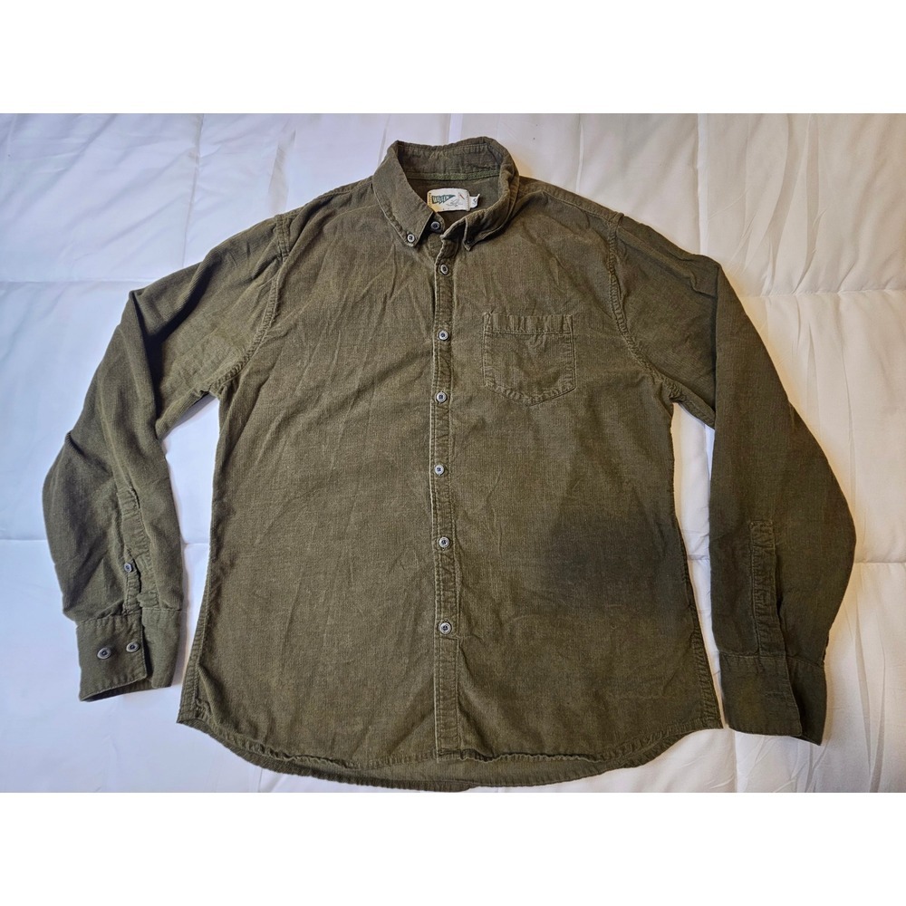 Wellen Mens Olive Green Organic Cotton Corduroy Button Down Shirt Large